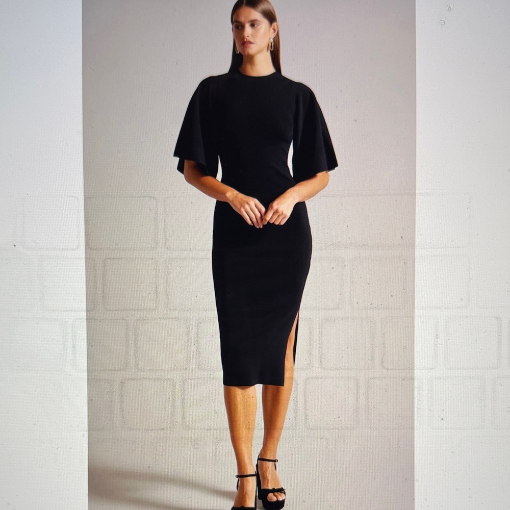 Ted Baker London Lounia Fluted Sleeve Knitted BodyCon Midi   Black Dress 5/Large